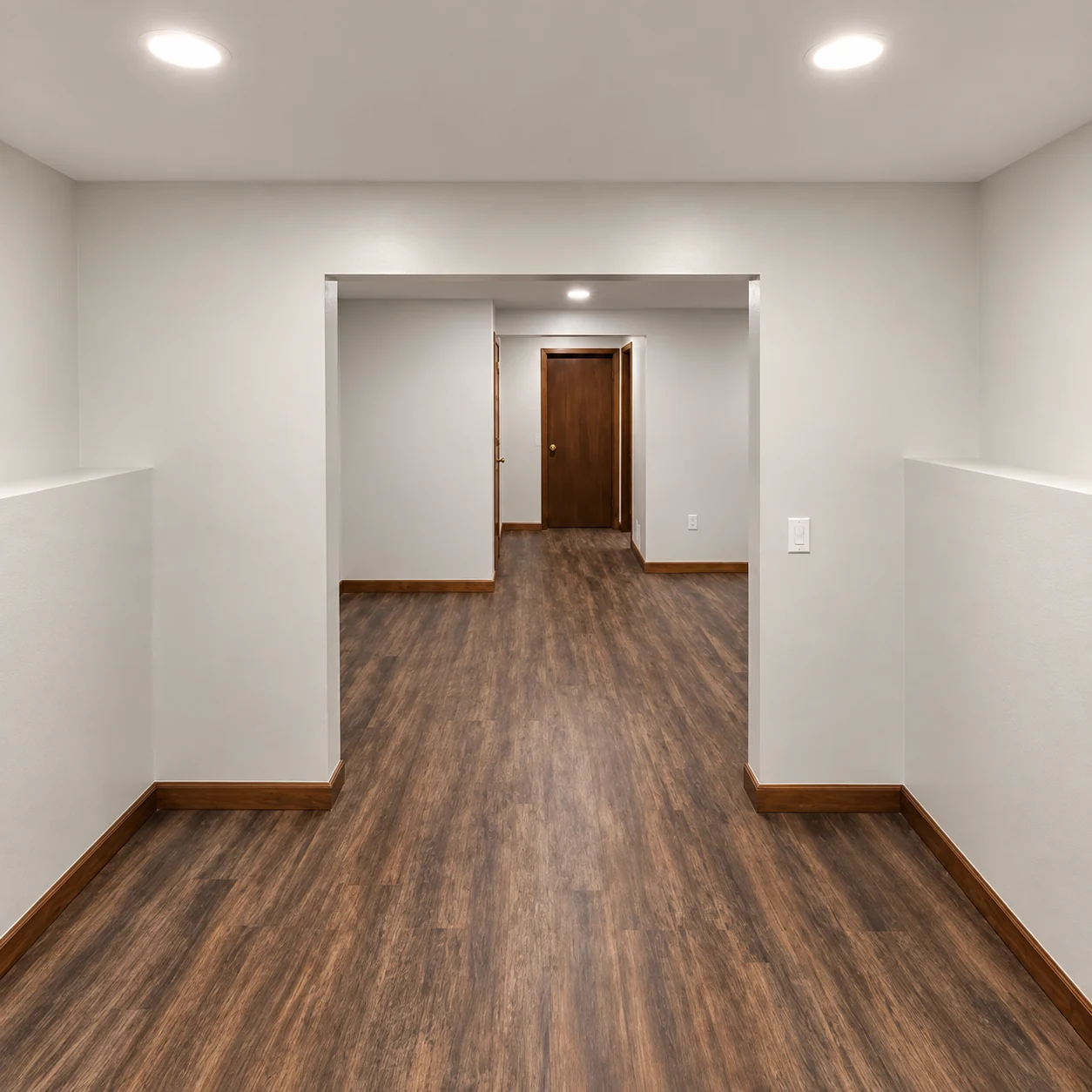 Finished basement hall with white walls, brown plank flooring, and recessed lights