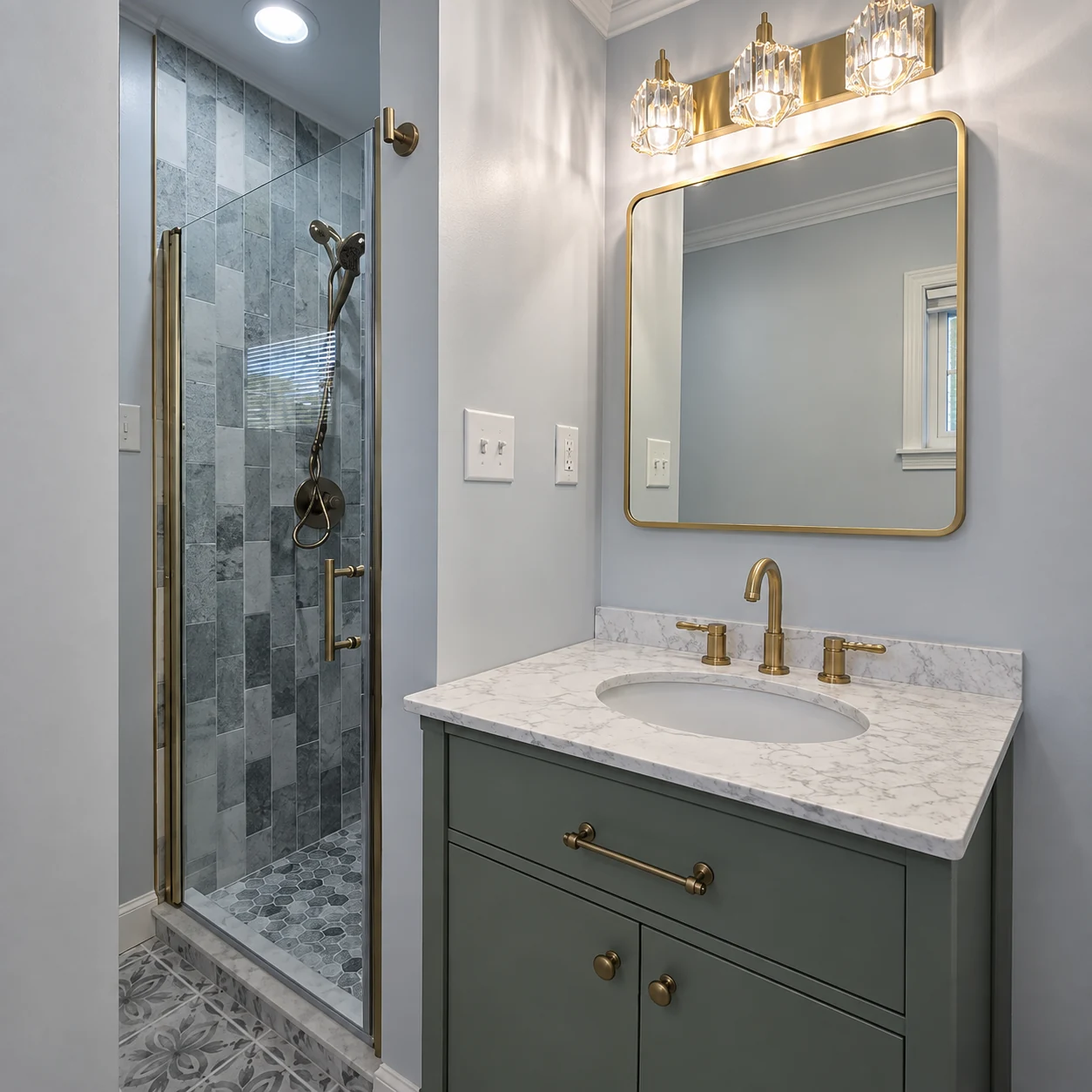Green vanity with a white counter, brass fixtures, and a gold-edged mirror beside a tiled shower