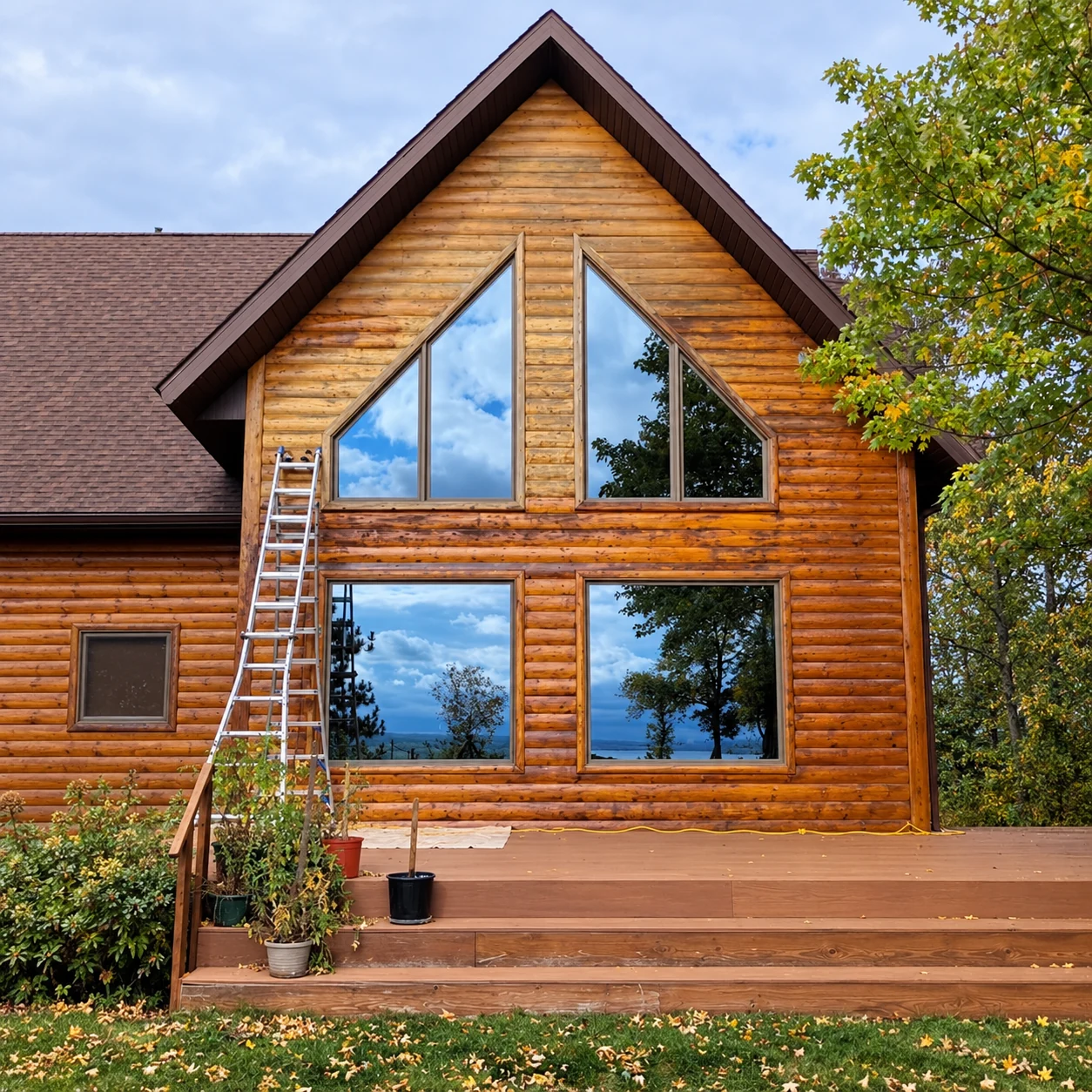 Warm-toned log cabin exterior surrounding a large gable window