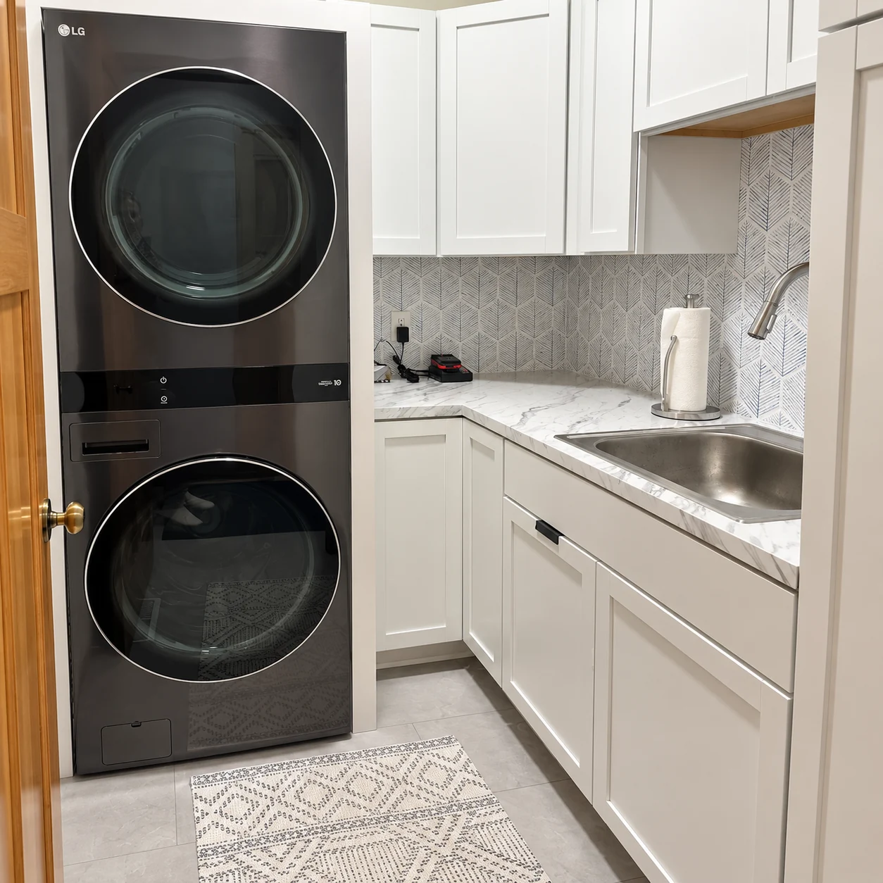 Laundry room with white cabinets, countertop and sink, and stacked black washer and dryer